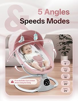 Electric Baby Swing for Infants to Toddler, 12 Music, Remote Control and Bluetooth, Portable Swing for Baby Boy Girl with 5 Swing Speed, Multifunction Rocker(Light Pink)