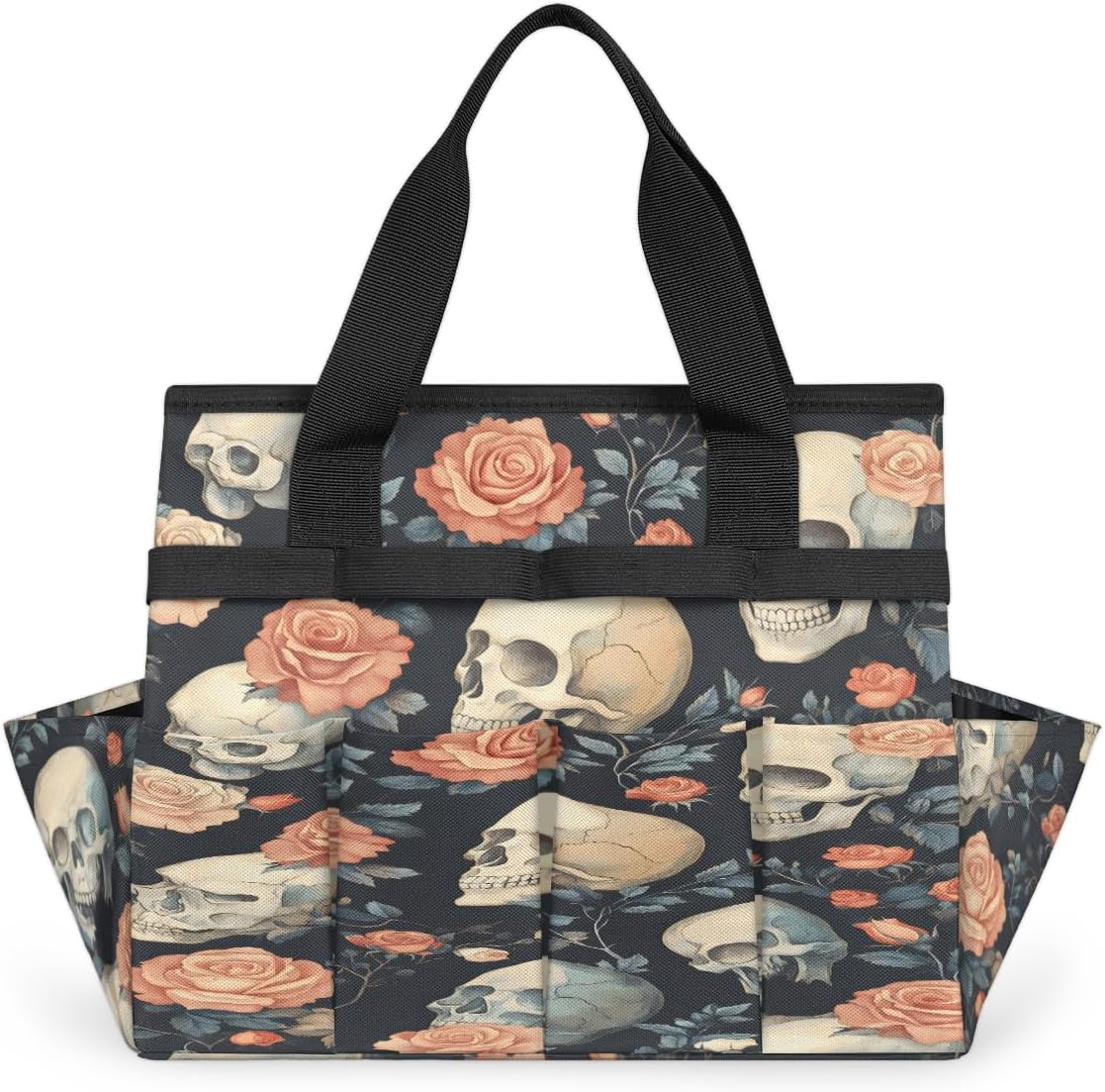 Rose Skull Pattern Garden Tool Bag for Women Men Garden Storage Tote Bag with 10 Pockets & Handle Gardening Tool Organizer for Garden Patio Indoor Outdoor
