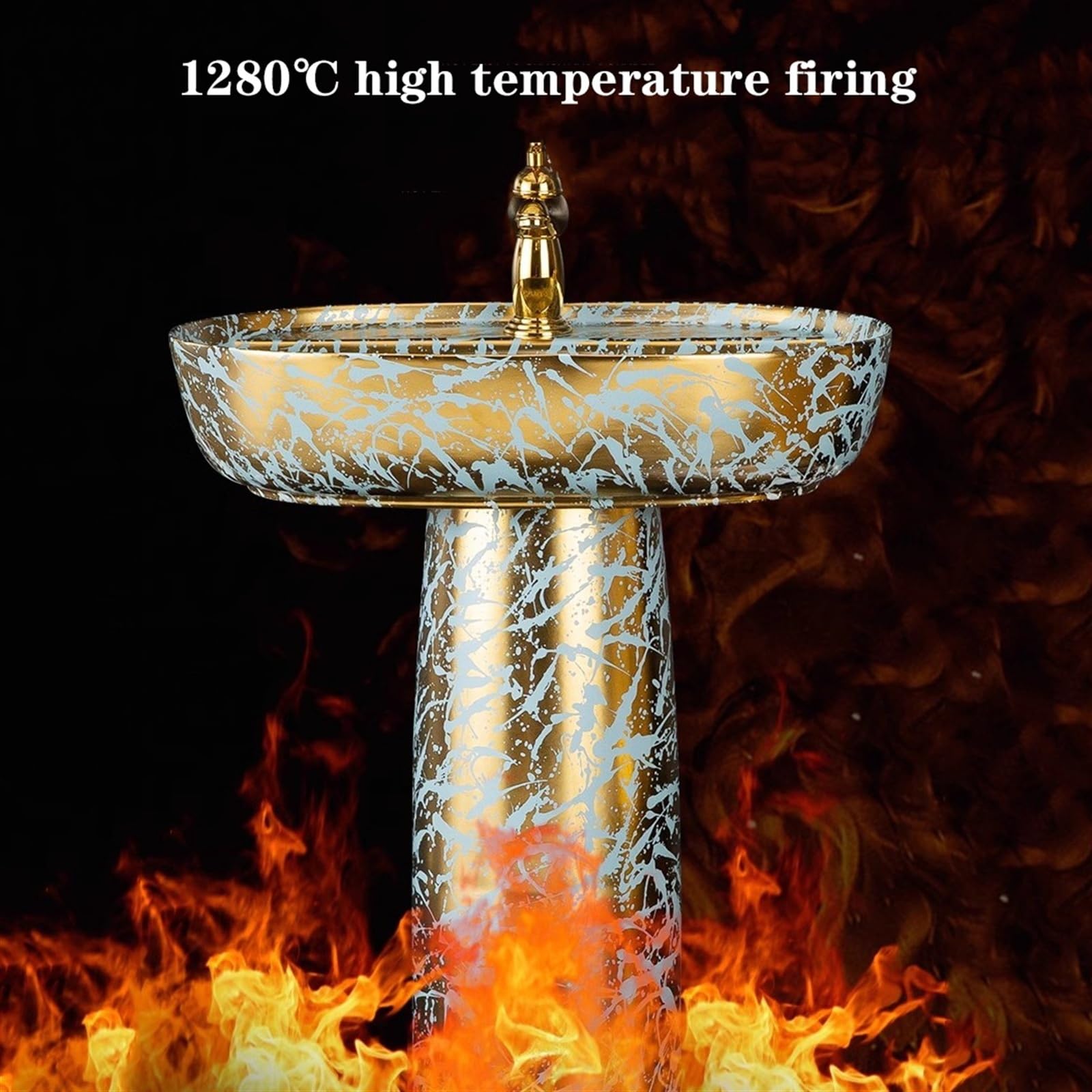 Light Luxury - Lavabo de columna dorada de 2 piezas, combo de lavabo de pie con grifo y drenaje y espejo, lavabo artístico de cerámica, tamaño A, B-One Size