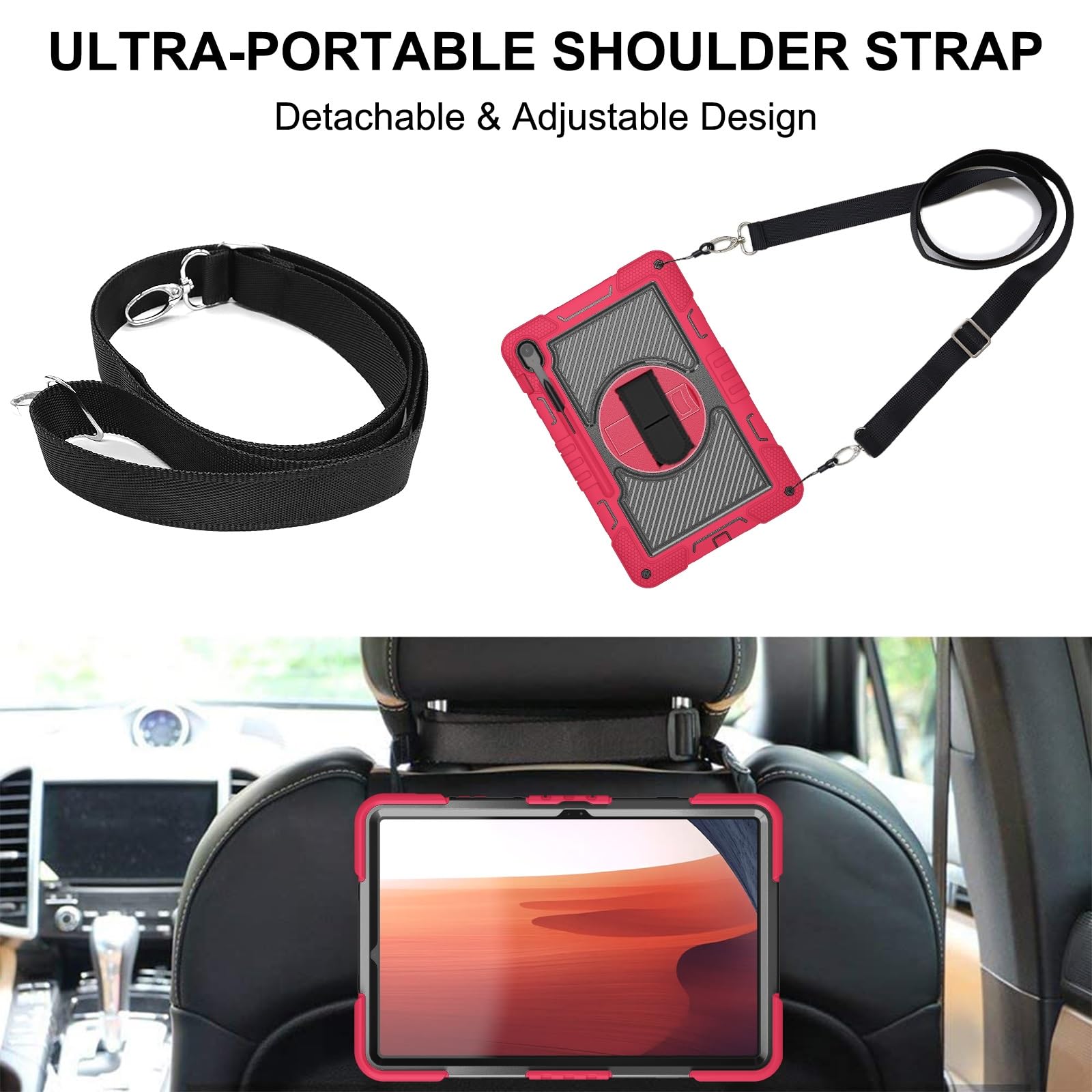 Custodia protettiva antiurto per Samsung Galaxy Tab S10 FE+/S10 FE Plus 13" 2025, custodia protettiva antiurto con cinturino da polso e tracolla, custodia in silicone stabile con cavalletto (rosso +