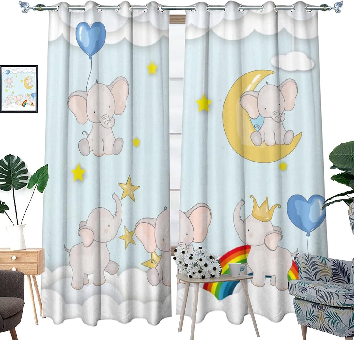 Cute Elephant Ultra Soft Premier Blackout Curtains,Boy Girl Rainbow Cartoon Balloons ElephantThermal Insulated Bedroom Noise Reducing Patio Door Grommet Top,2 Panels 63L x 36W