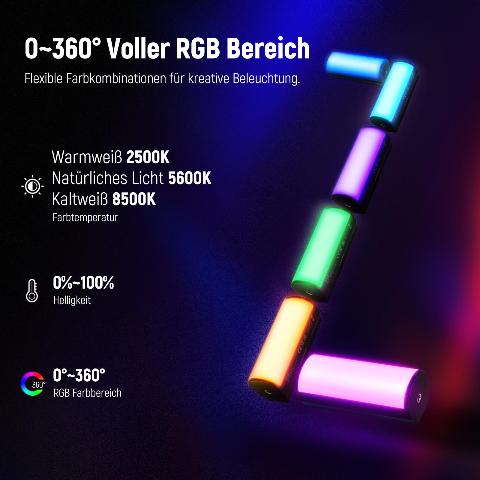 NEEWER Basics Magnetischer Handheld Lichtstab, 360° RGB Mini LED Video Tube Lighting Stick, 2500mAh Batterie, 2500K-8500K Dimmbar, Studio Kamera Fotografie TikTok YouTube Aufnahme Streaming, TL96RGB