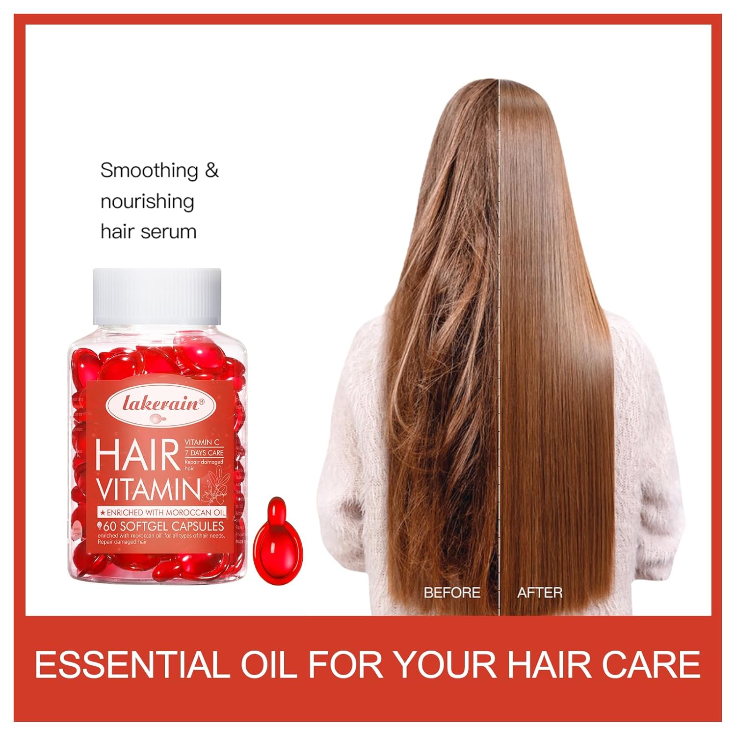 60 Pcs Hair Treatment Serum Oil Capsules,Hair Vitamins No Need To Rinse,Conditioning Repair & Moisturizing Formula With Vitamins,Keratin,Lemon Essence and Glycerin (01# Red)