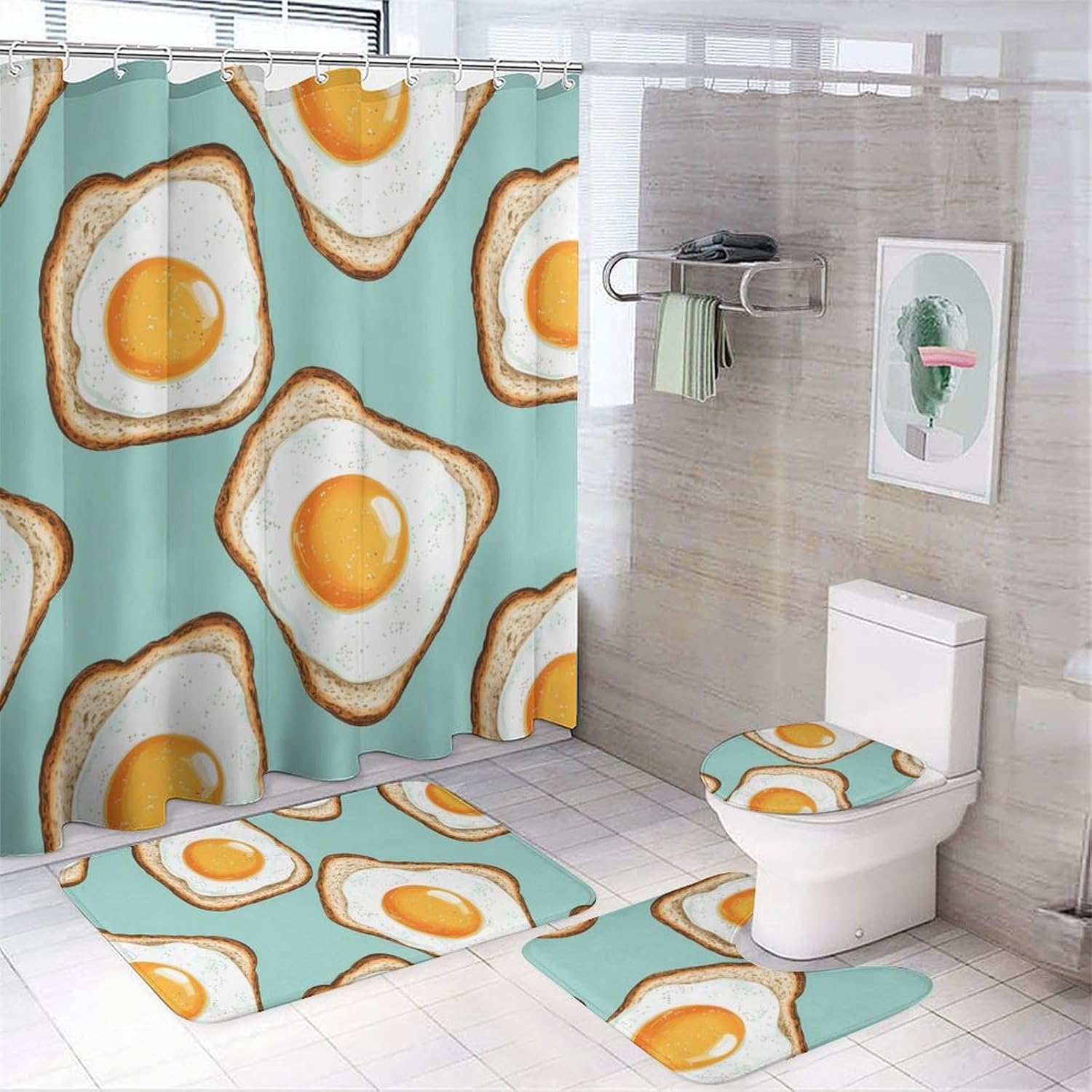 Fried Eggs and Bread Modern Bathroom Sets with Shower Curtain and Rugs Decor 4 Pcs with 12 Hooks