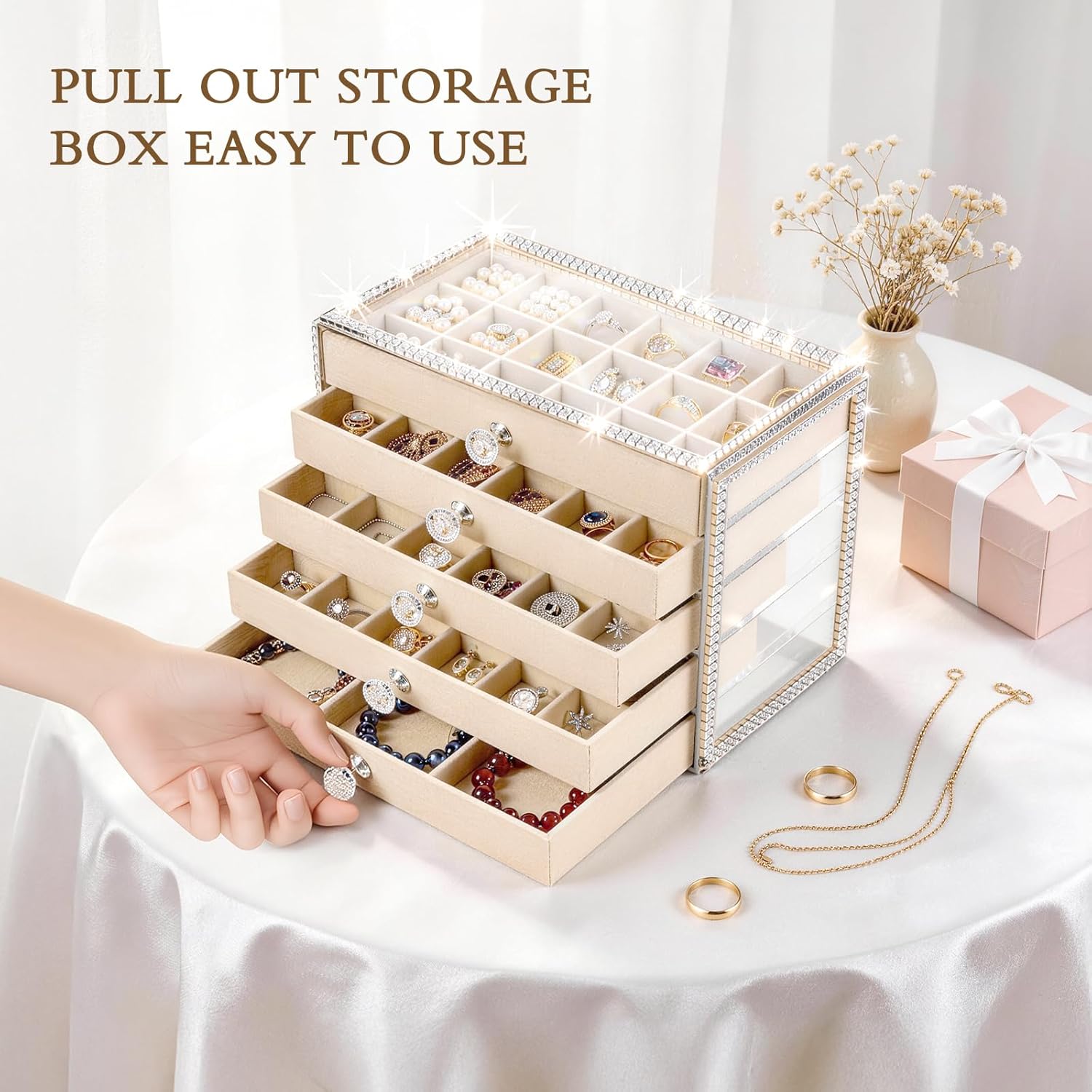 Earring Holder Organizer, 5-Drawer Acrylic Jewelry Box with Adjustable Velvet Trays, Clear Display Storage Case for Women, Earrings, Necklaces, Rings (5 Layers，With Resin Diamonds)