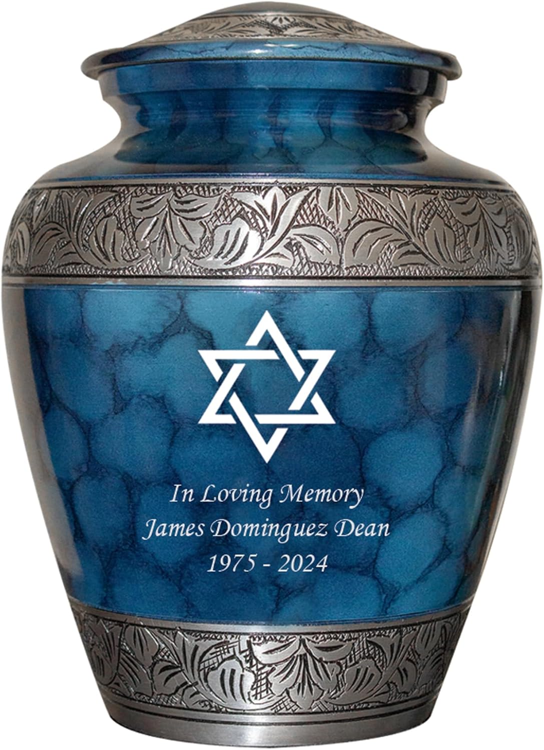 Star of David Blue Cremation Urn for Human Ashes, Jewish Cremation Urn, Religious Ash Urns with Personalized Engraving (Blue Fire)