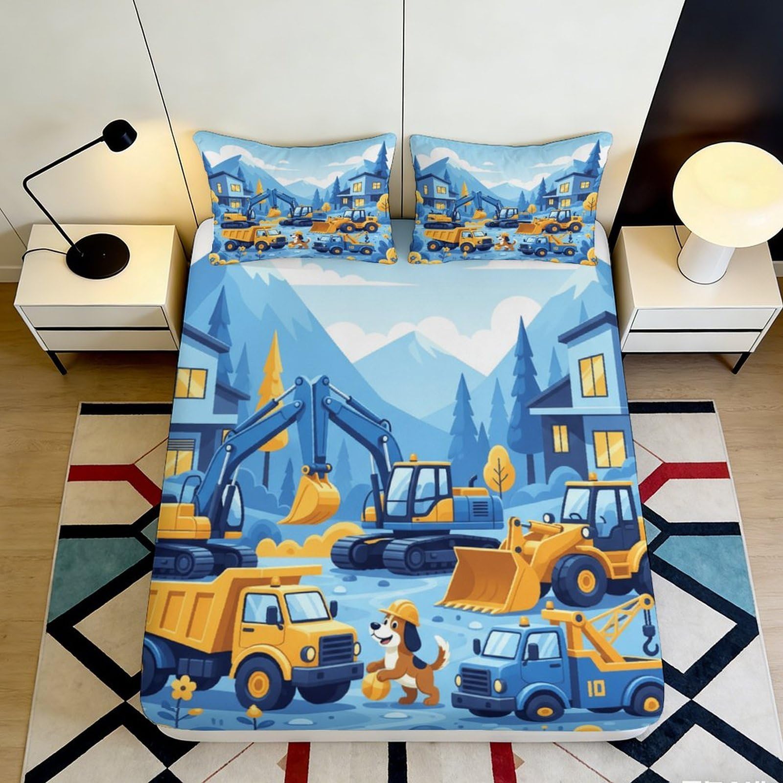 3D Printed Construction Vehicles Fitted Sheet Microfiber Blue Yellow Cartoon Trucks Mattress Cover for Bedroom Decor 90x200x25cm