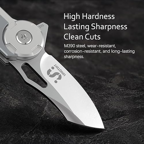 Miniatura 10 de UNIQTINT Mini EDC - Cuchillo plegable para caballeros con mango de acero inoxidable, cuchillo de bolsillo de 2.4 onzas con hoja de acero M390 de 1.8