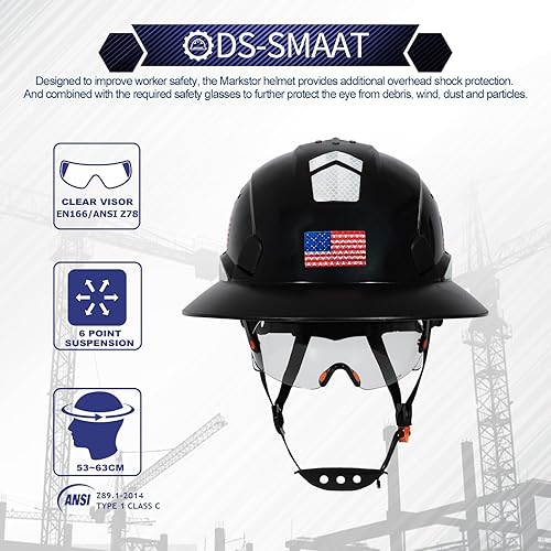 Miniatura 4 de Sombreros duros de ala completa con visera, fibra resistente con suspensión de trinquete ajustable de 6 puntos, casco de seguridad reflectante de