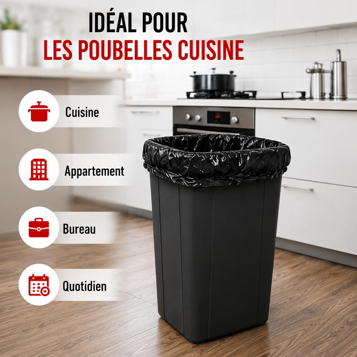 Bolsa de basura de 50 l, enlace deslizante | 100 bolsas de basura negras | ultra resistente e impermeable (35 µ) | Papelera de cocina | Cierre fácil | Anti fugas | Solución práctica e higiénica