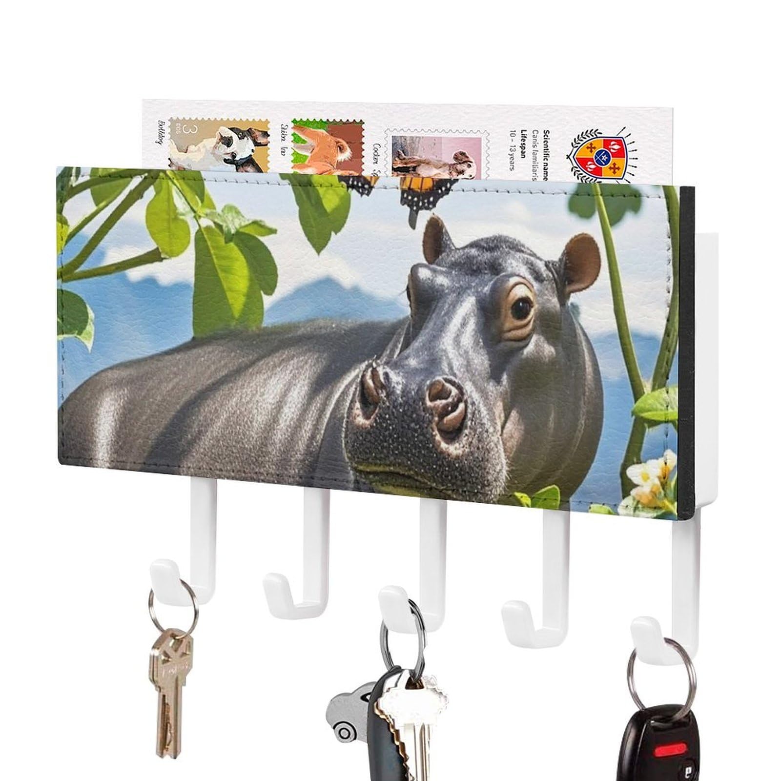 Fekiloot White-Style Butterfly And Hippo Key Holder Wall Mount Key Hanger With 5 Hooks Decorative Key Rack Hanging Key Hooks With Mail Organizer Key Holder For Wall Living Room Kitchen Bathroom Hallway White