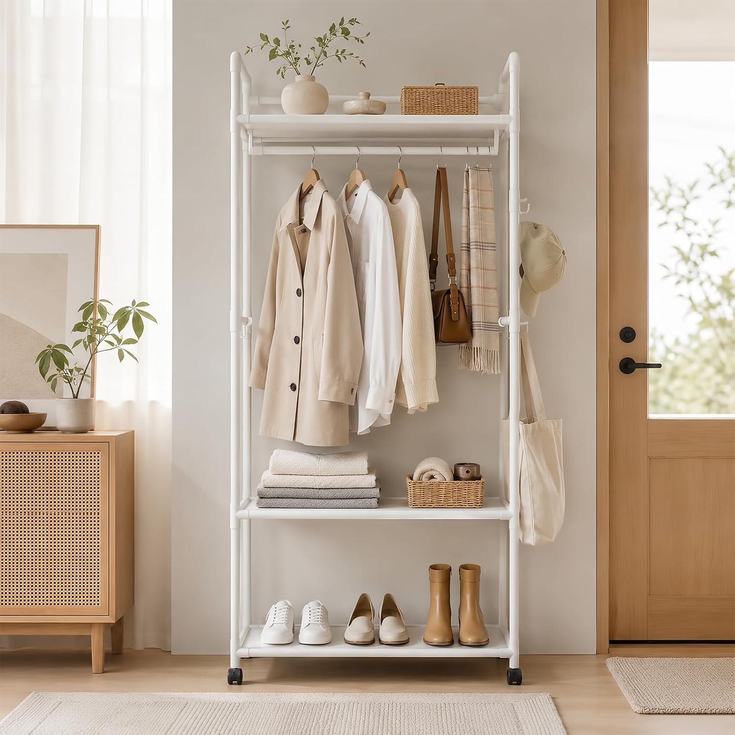 Hanger Rack with Casters, Shelf, Side Hooks, Space Saving, Width 23.6 x Depth 14