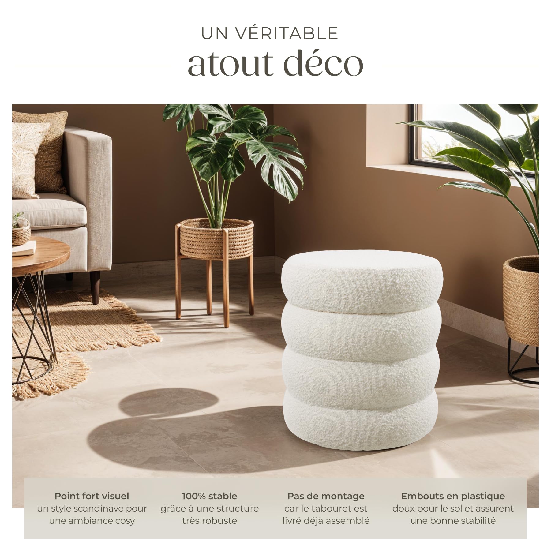 tectake® Tabouret Repose Pied Pouf avec Rangement Pouf Salon en Tissu Bouclette Crème Ø42x47cm jusqu'à 120 kg Design scandinave Cosy pour Coiffeuse, Salon, Chambre, Bureau, entrée