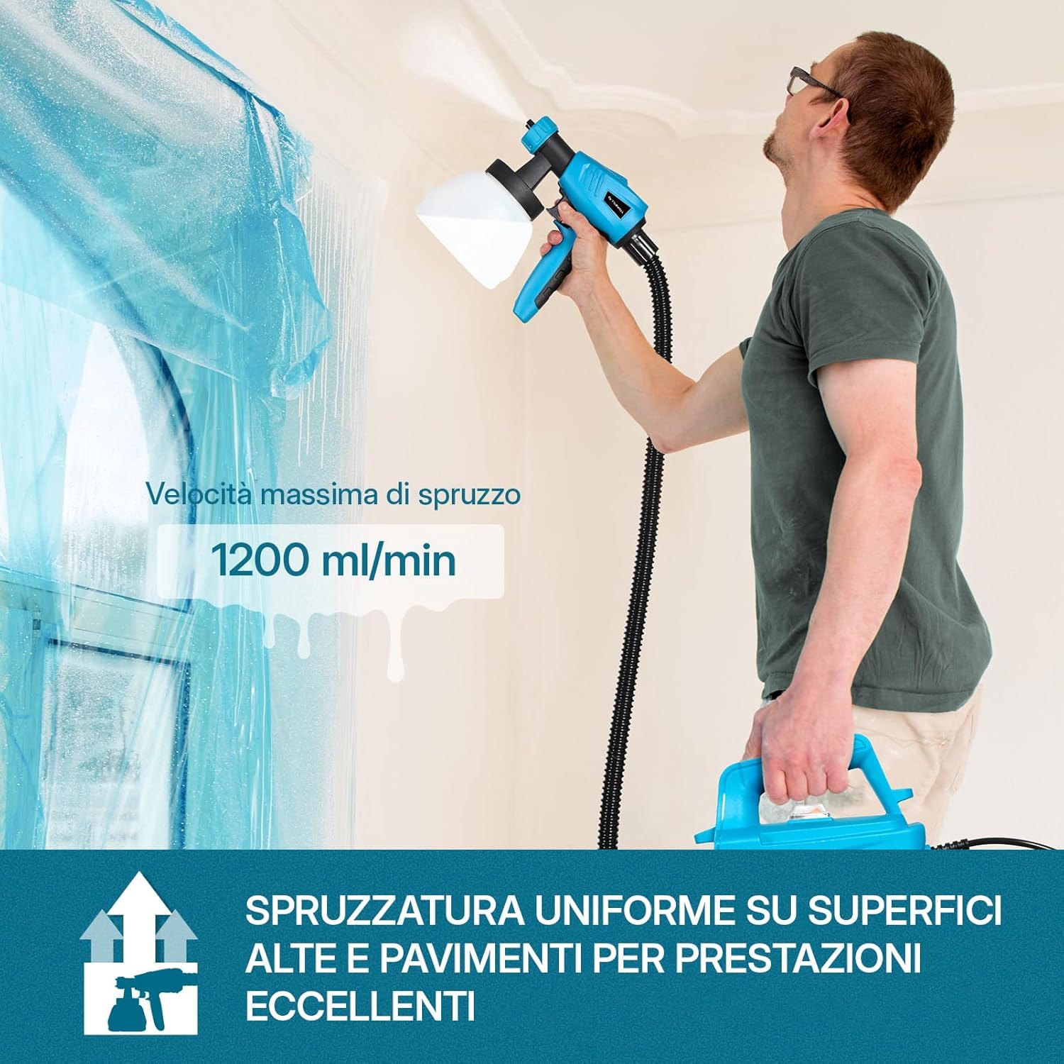Tilswall Pistola a Spruzzo per Verniciare,800W HVLP Spruzzatori di Vernice,1200ml/min,Contenitore 1300ml,3 Modalità e 3 Ugelli,Elettrica Pistola a Spruzzo,Facile da Usare e da Pulire