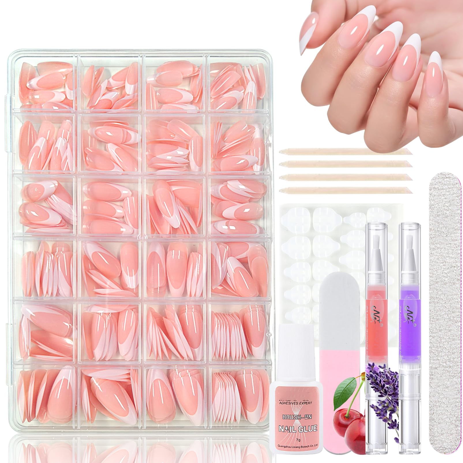 Virellay 360 Stück French Press on Nails Mandel Long, Alomnd Künstliche Nägel Zum Aufkleben French mit 2 Pcs Nagelöl Stift, Nail Tips Almond, Long Fake Nägel Französisch für Frauen DIY