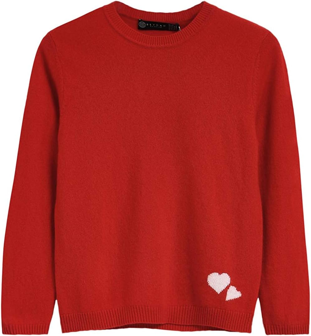 BEYOND FASHION Girls' 100% Cashmere Sweater Crew Neck Heart Design Pullover