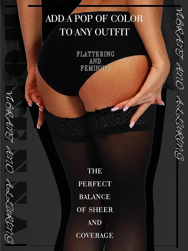 HONENNA Semi Sheer Stay Up Lingerie Thigh High Stockings Lace Top Size A-F, 1 Pair Black, E/F by HONENNA - Image 3