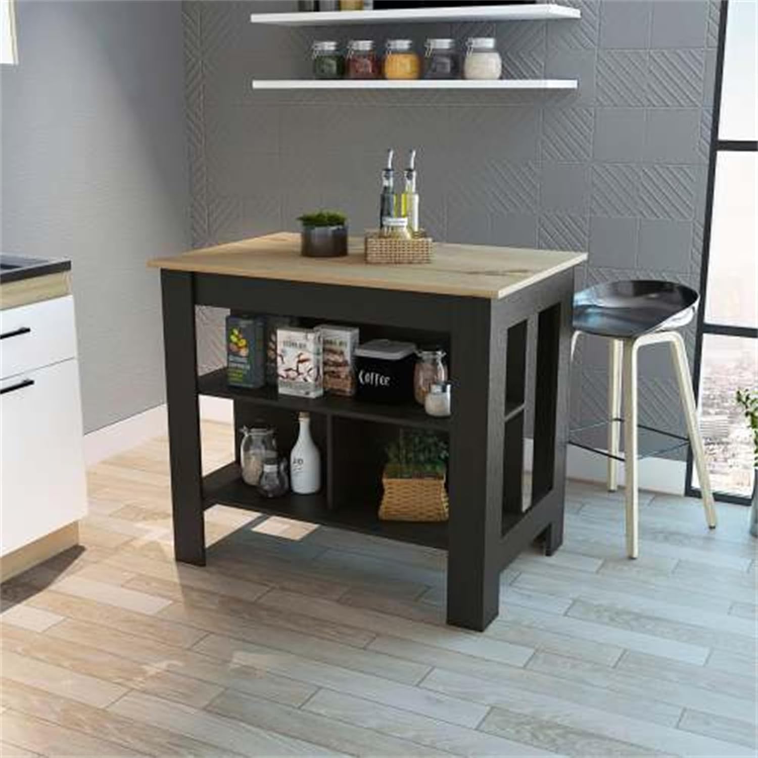 Simple and Stylish Kitchen Island, Modern Storage Rack, Storage Table, Kitchen Furniture, 3 Storage Racks, Suitable for Living Room, Kitchen, Dining Room, Brown and Black