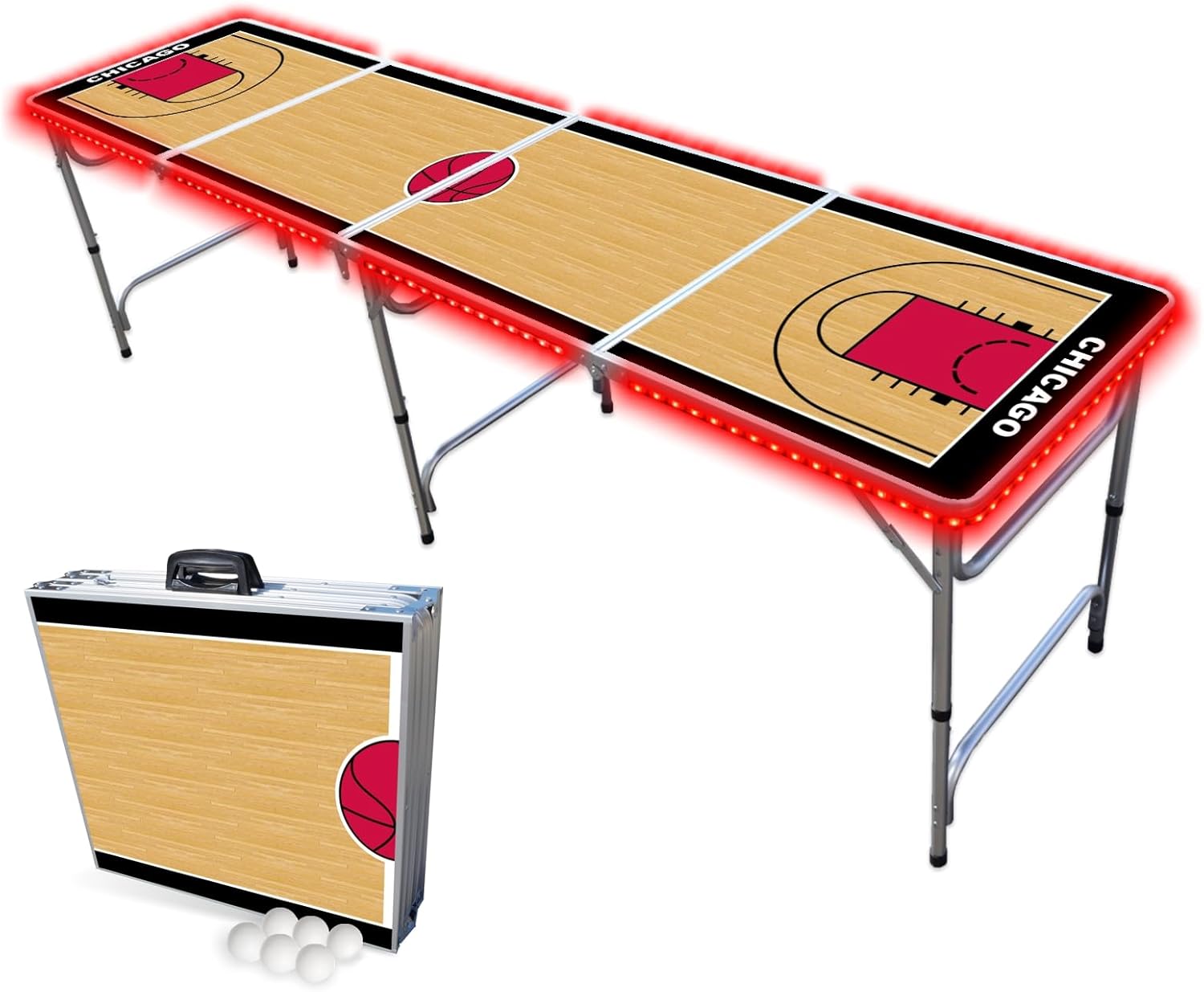8-Foot Folding Portable Pong Table w/Optional Cup Holes & LED Lights - Chicago Basketball Court (Choose Your Model)