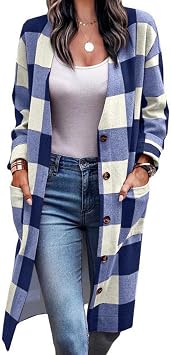 JEOZBM Womens Plaid Drop Shoulder Coat, Polyester Plaid Button-Up Outwear, Elegant V-Neck Outwear with Pockets3XL-Blue