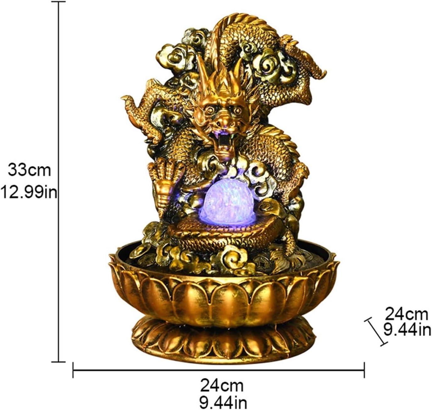 Tabletop Fountain Golden Dragon LED Tabletop Water Fountain Home Office Desktop Decoration Feng Shui Decoration Tabletop Fountain, Resin Handmade, H 13" Desktop Fountain