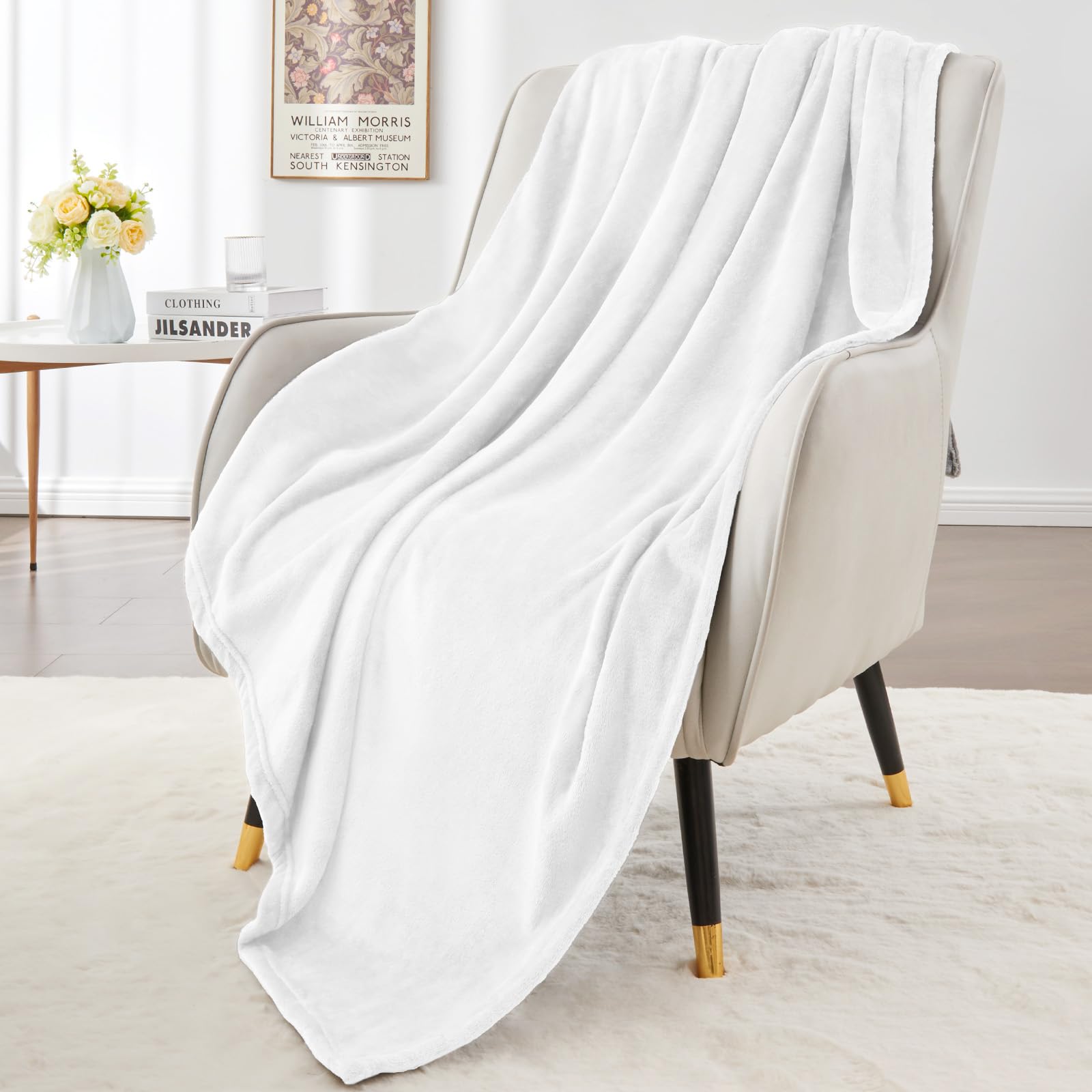 Stylish Blanket for Sofa and Couch Lightweight Fleece Blanket for All Season, Luxury Cozy Soft Blanket for Him Her, Bright White, 50"x56"