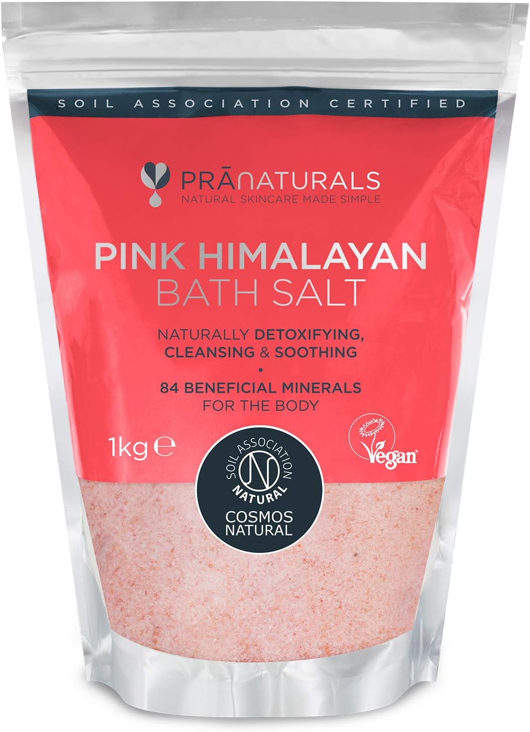 PraNaturals Himalayan Pink Salt [1KG] COSMOS NATURAL & VEGAN Certified Premium Fine Grade Bath Salts in Resealable Pouch - Naturally Organic, Unrefined, Non-GMO, No Additives - Rich in Minerals & Iron