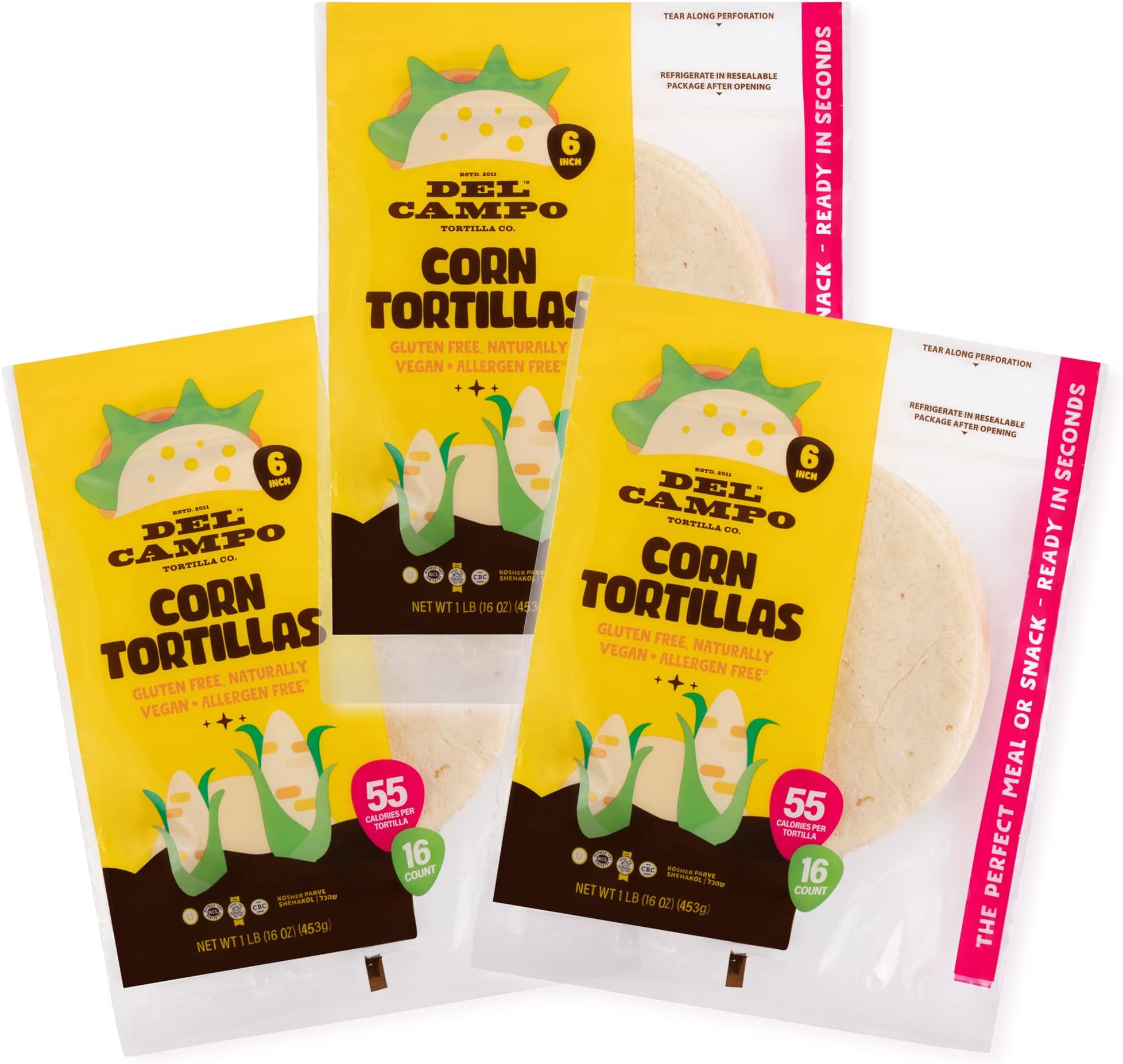 Del Campo Soft Corn Tortillas - 6 Inch Round 1 Lb. Bag. 100% Delicious, Gluten Free and All- Authentic Mexican Food. Serving Options: Wraps, Tacos, Quesadillas, Burritos. 16ct (Three Pack Special)