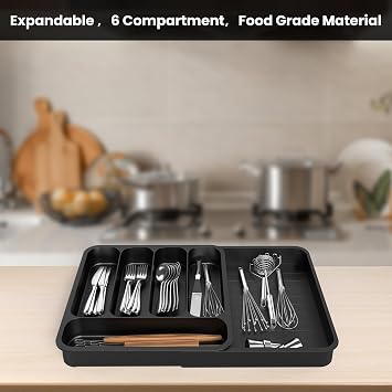 Cutlery Drawer Organiser, Extendable Kitchen Drawer Organiser Storage Trays, Compact Plastic Cutlery Tray for Knives, Forks and Spoons, Large (Black)