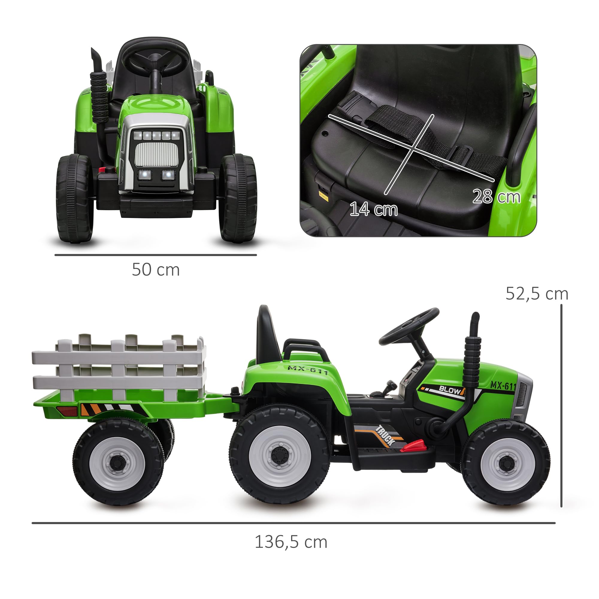 HOMCOM Tracteur électrique avec remorque Amovible, Voiture électrique Enfants de 3 à 6 Ans avec télécommande MP3 Musique Affichage lumières et Ceinture de sécurité, 12V 3-6 km/h, Vert