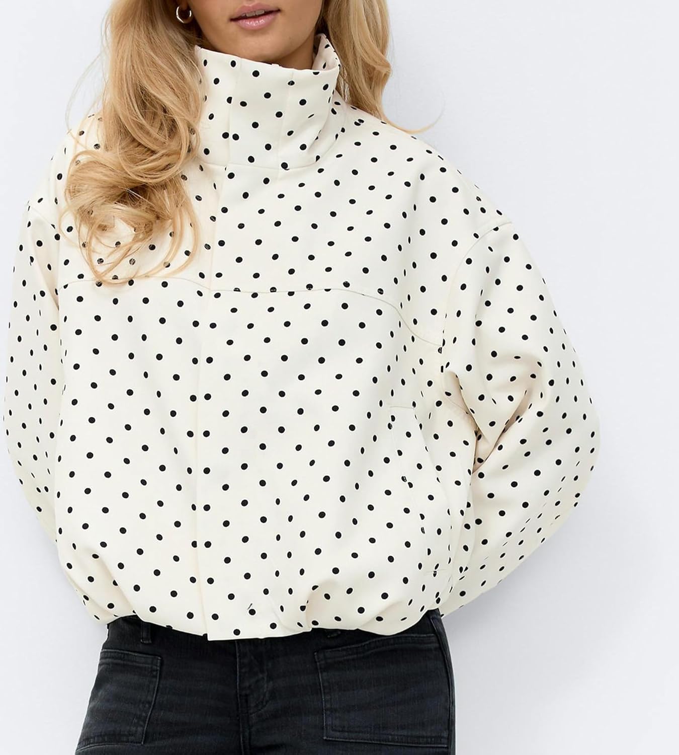 Colorful world Womens Polka Dot Jacket Funnel Neck Zip Up Cropped Bomber Jacket Oversized Trendy Casual Coat with Pockets