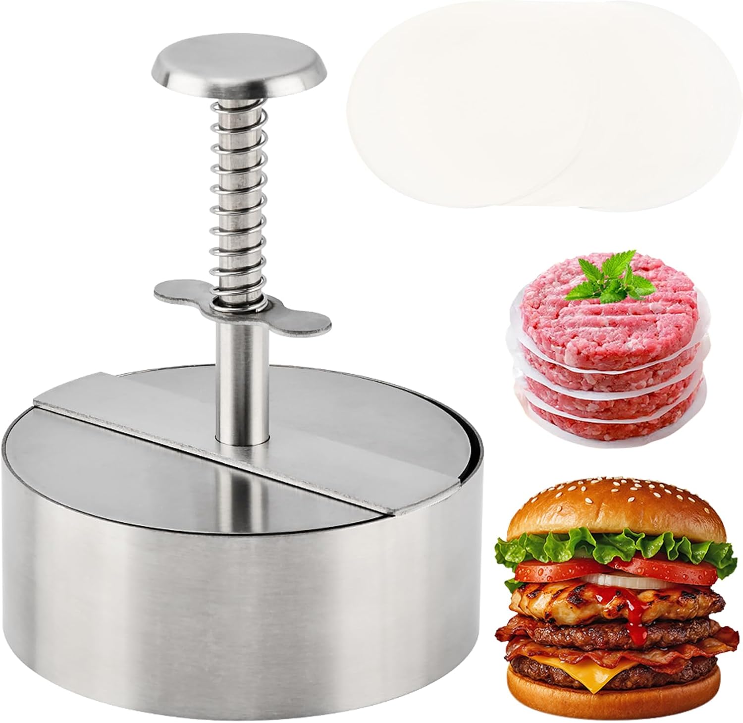 Burger Press 4.5 Inch, 304 Stainless Steel Hamburger Patty Maker with Spring Button & 50 Parchment Papers, Easy Release Non-Stick Mold for Ground Beef, BBQ, Dishwasher Safe