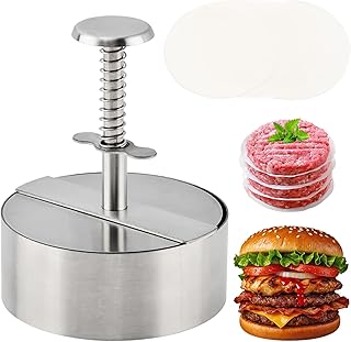 Burger Press 4.5 Inch, 304 Stainless Steel Hamburger Patty Maker with Spring Button & 50 Parchment Papers, Easy Release Non-Stick Mold for Ground Beef, BBQ, Dishwasher Safe