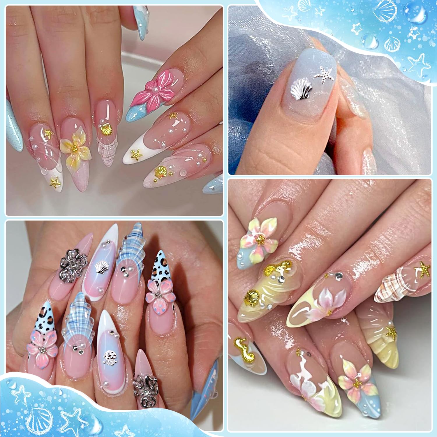 3D Beach Nail Charms Set, Alloy Gold Silver Seashell Studs