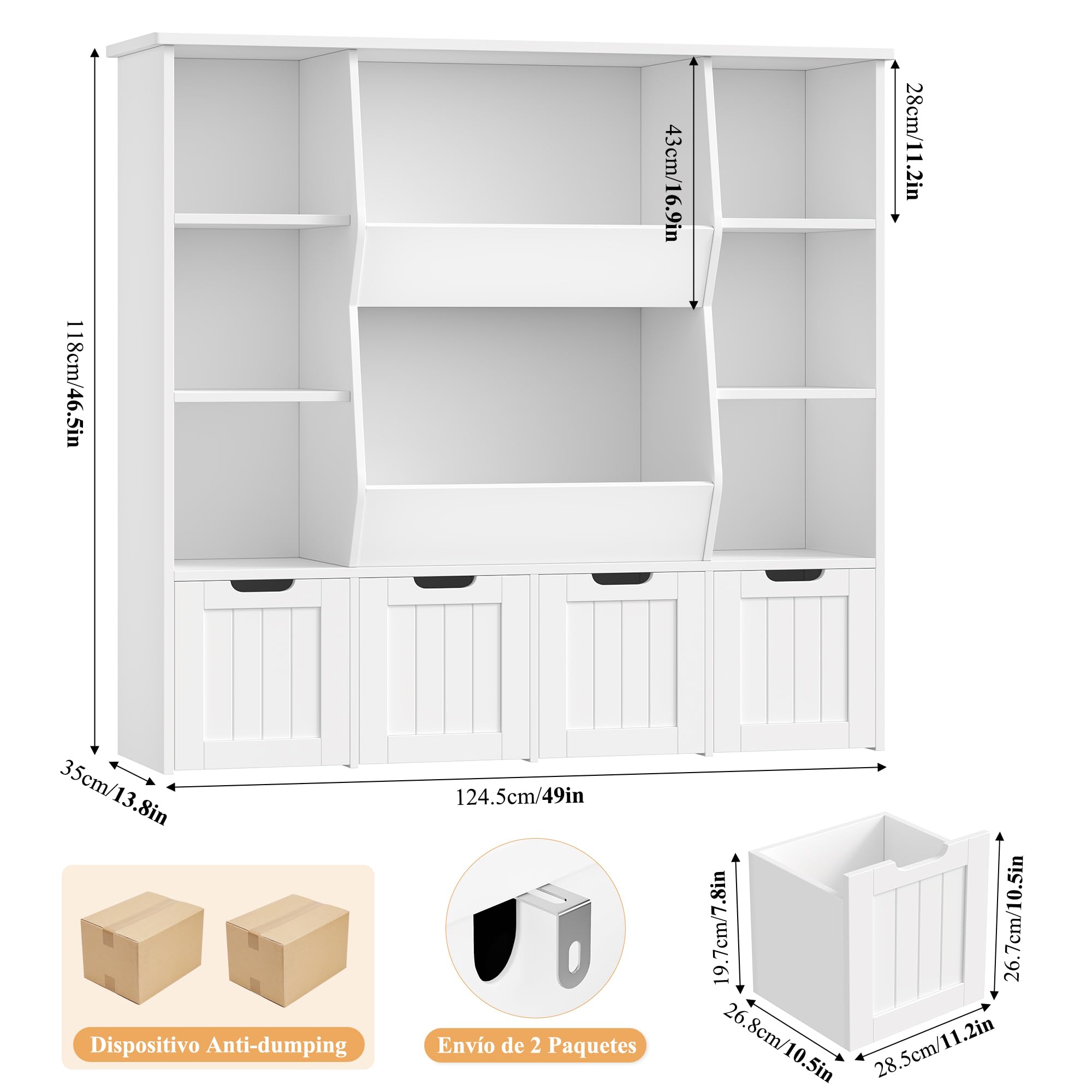 FOREHILL Mueble Organizador Juguetes, Mueble Almacenaje Juguetes, Estanteria Montessori, Organizador de Juguetes Infantil, Estanteria Infantil, 4 Cajones con Ruedas, 8 Compartimentos, Blanco