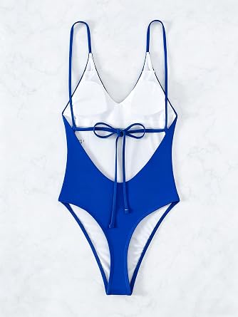 Sexy One Piece Swimsuit for Women Deep V Neck High Cut Thong Bottom Tie Back Bathing Suit