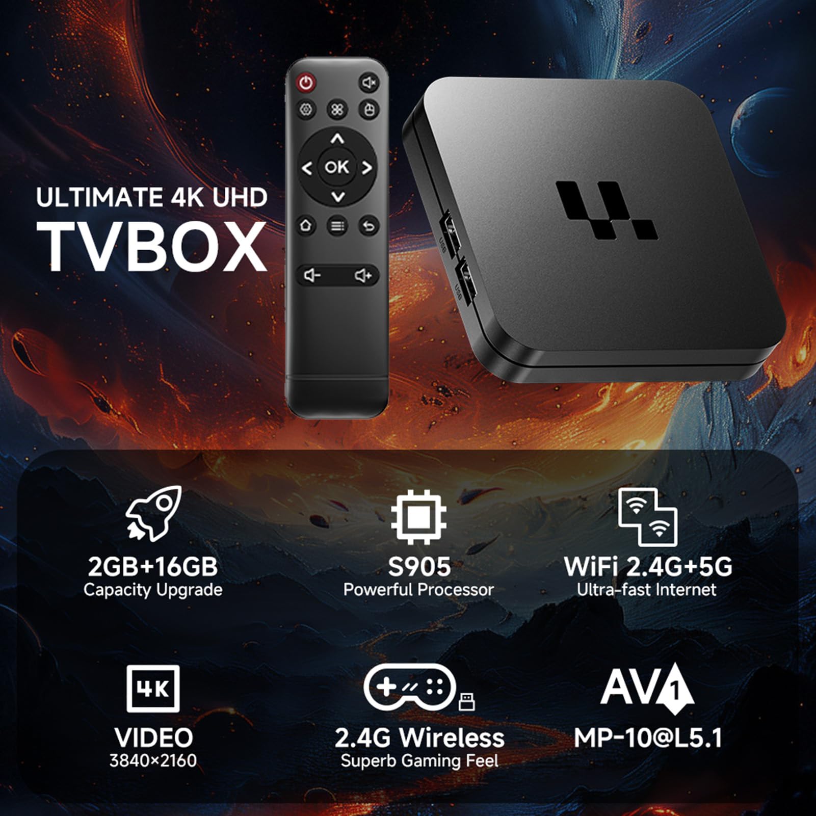 Vikye TV Box z Systemem Android 16.0, Urządzenie do Transmisji Strumieniowej 4K Ultra HD do Telewizora, 2 GB RAM i 16 GB ROM, Smart TV Box z Pilotem, USB 2.0 i Dwuzakresowe Wi-Fi (wtyczka UE)