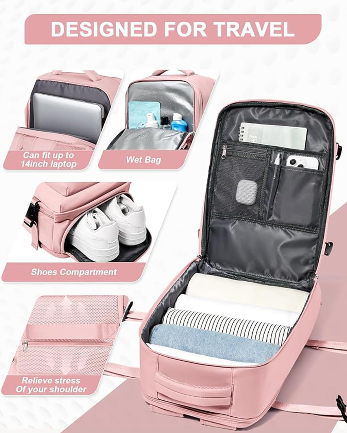 Farmer&Donkey Travel Backpack for Women Men, Waterproof Airlines Approved Carry On Backpack 15.6 Inch Laptop Backpack with USB Charging Port for Computer Bookbag for Business, School, Work (Pink)