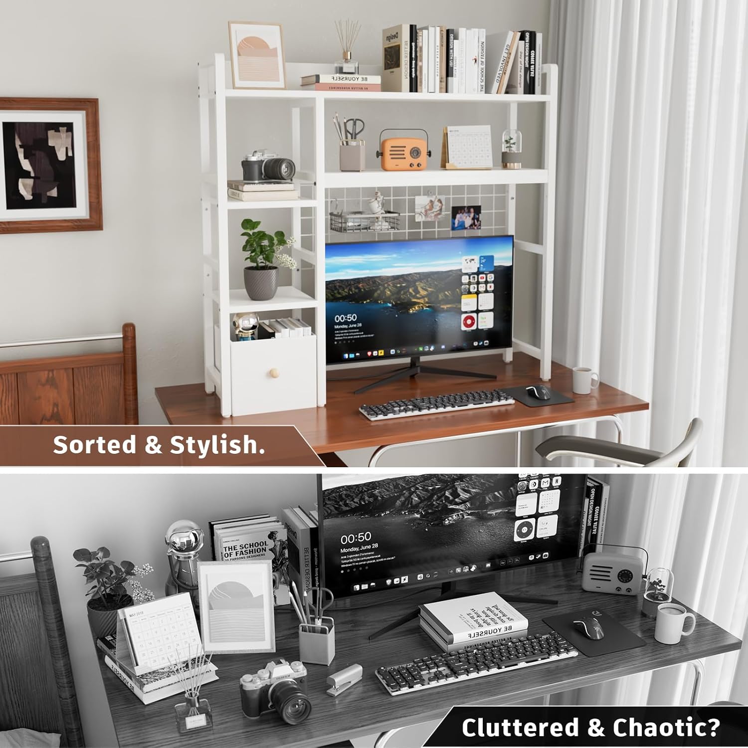 Desk Hutch for Computer Monitor,Desktop Bookshelf Organizer,4 Tier Desk Hutch with Grid Panel,38.6" Desk Shelf Storage Rack for Home Office,Study,Dorm,White