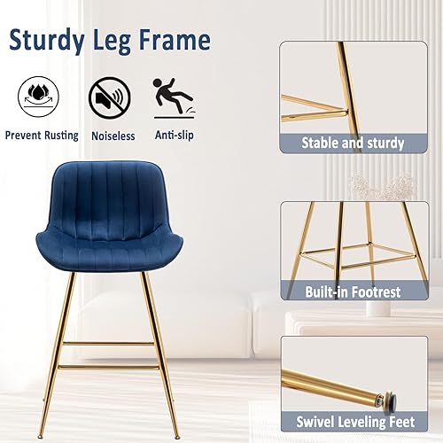 Miniatura 6 de Sidanli Blue - Juego de 2 taburetes de bar de terciopelo de 24 pulgadas con reposapiés, sillas de bar modernas para el hogar, isla de cocina,