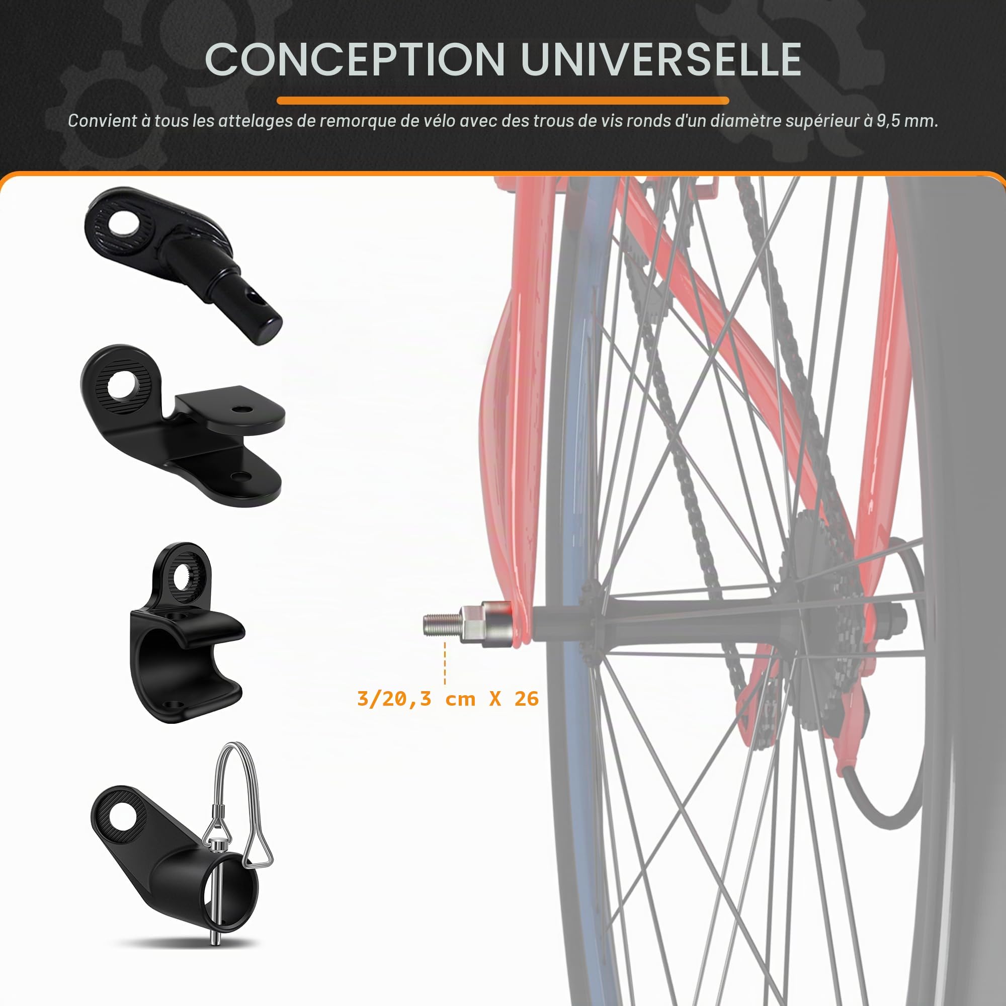 Adaptateur M12 pour remorque de vélo, longueur de tige réglable