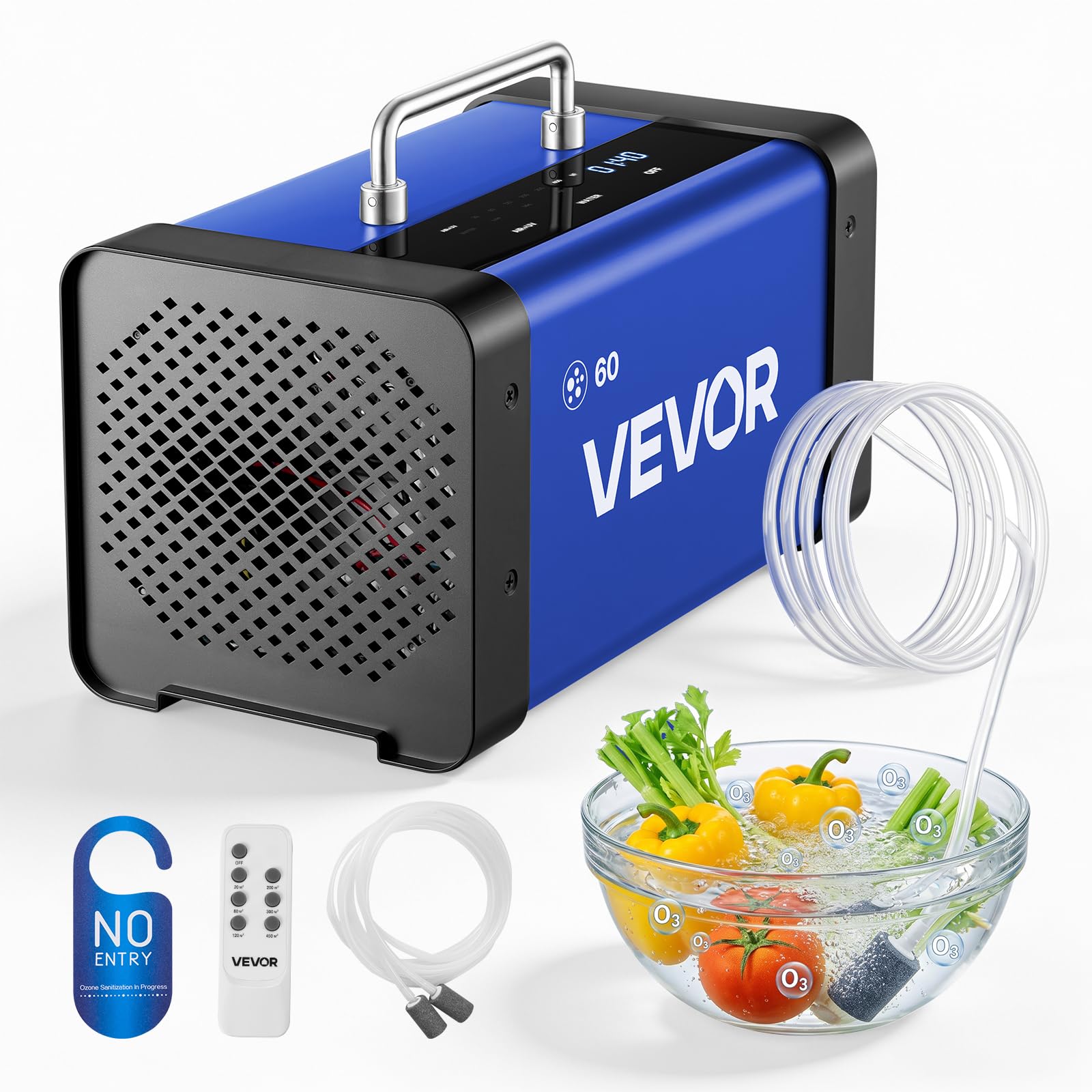 VEVOR Generatore di Ozono Professionale 60000 mg/h, Ozonizzatore Commerciale con Avvio Ritardato di 15 s, Modalità Acqua con Doppio Tubo, Touchscreen LCD, per Auto, Animali Domestici, Fino a 450 m²