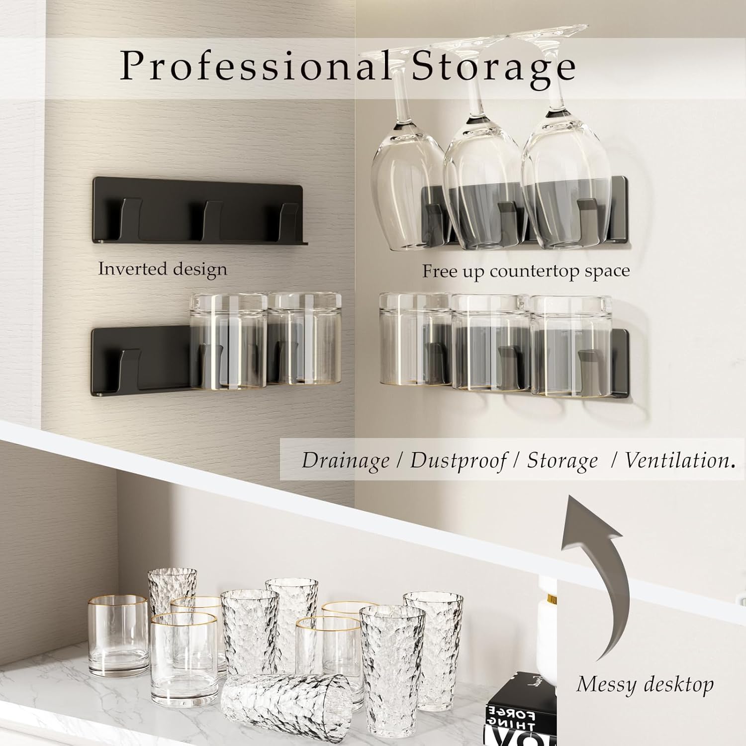 Cup Holder, 4 Pack Wine Glass Holder，No Drilling Installation Wine Glass Holder Wall Mounted for Dining Room, Kitchen and Bar Daily Use (Classic Black)