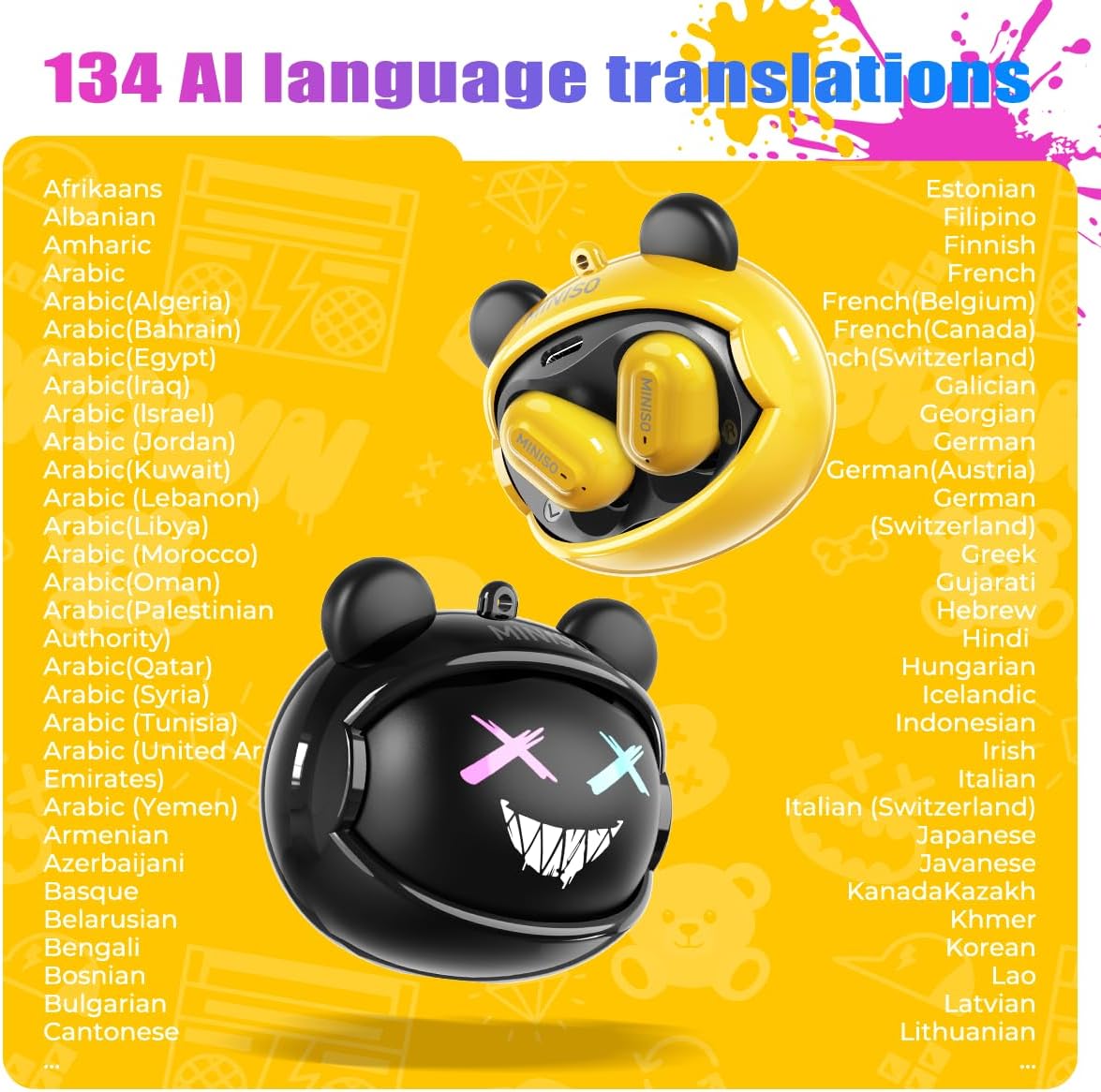 MINISO AI Kids Wireless Earbuds with Bluetooth 6.0, Translator Headphones with 134 Languages, 88dB Safe Volume, IPX5 Water Resistance, HD Sound for Kids & Teen, Ear Buds for Android/iOS (Yellow)