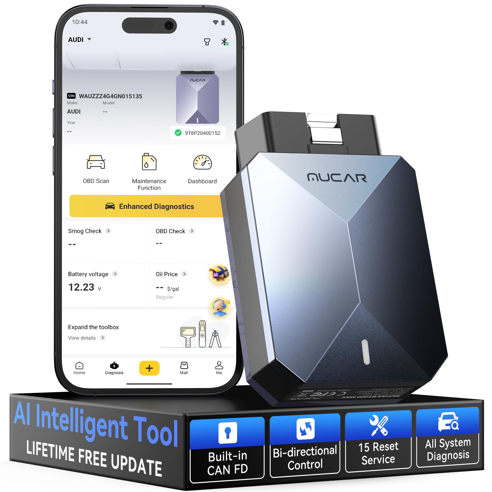 MUCAR BT200 MAX – Adapter OBD2 AI Bluetooth, ELM327, Pełna Diagnostyka Systemu + 15 Resetów, iOS/Android/Testowanie Aktywne/CANFD – Bezpłatne Aktualizacje