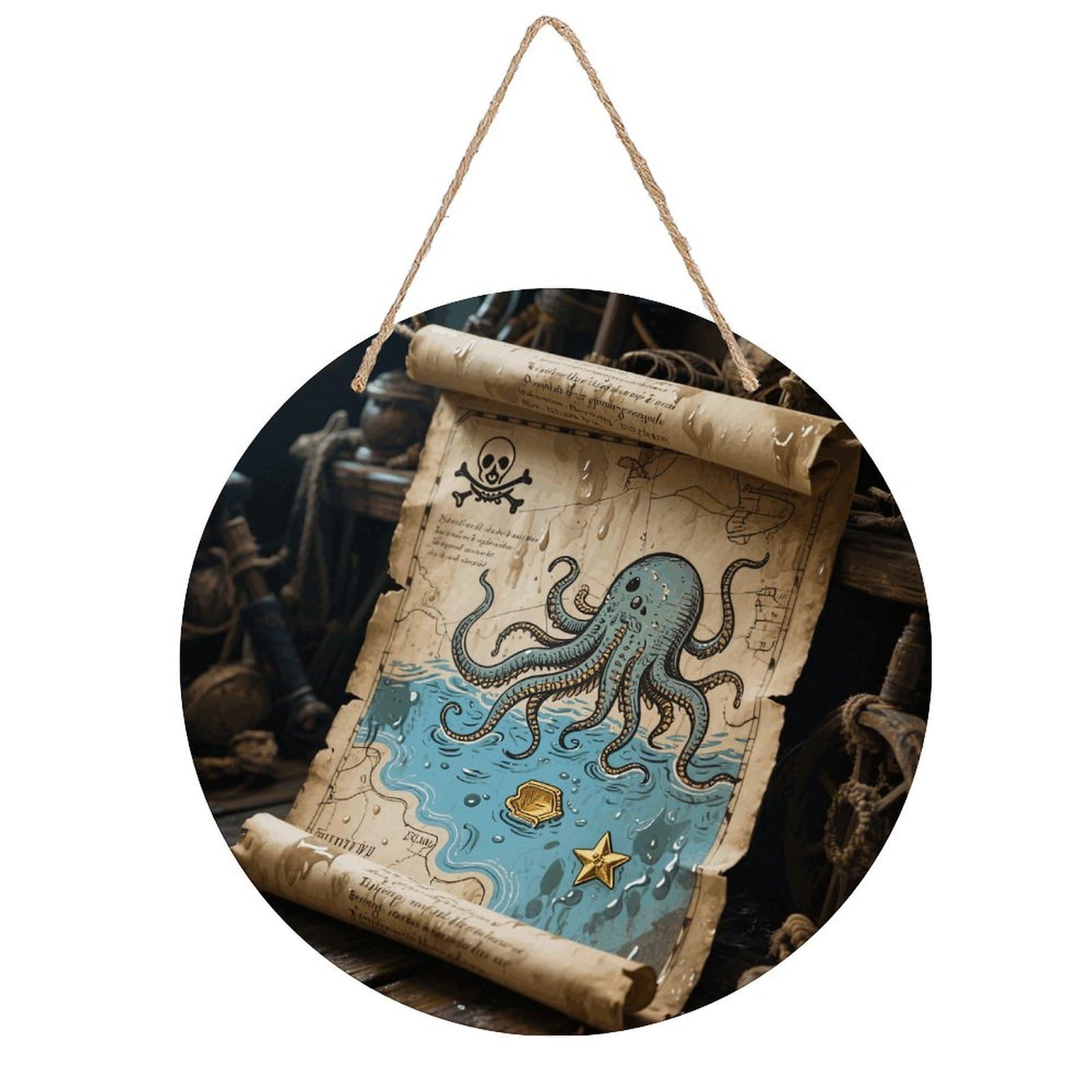 VstaDank Pirate Map Wall Decor Round Wood Hanging Sign 7.9x7.9 in Wooden Circle Door Hanger with Ropes, Rustic Wall Art Decor for Home Front Door Indoor Outdoor Decoration