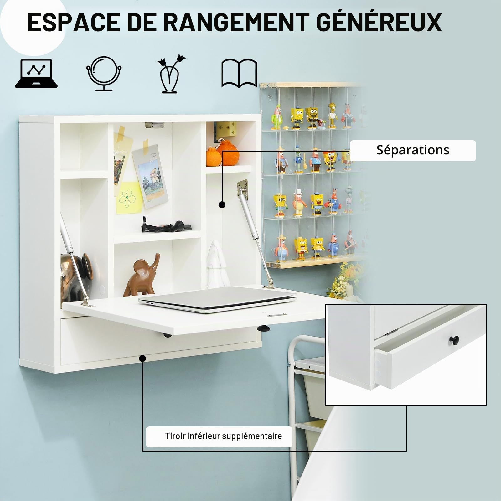 FANTASK Bureau d'ordinateur Pliable avec Compartiments de Rangement et tiroir, Table Murale Pliante pour Bureau à Domicile et Petites pièces, Blanc