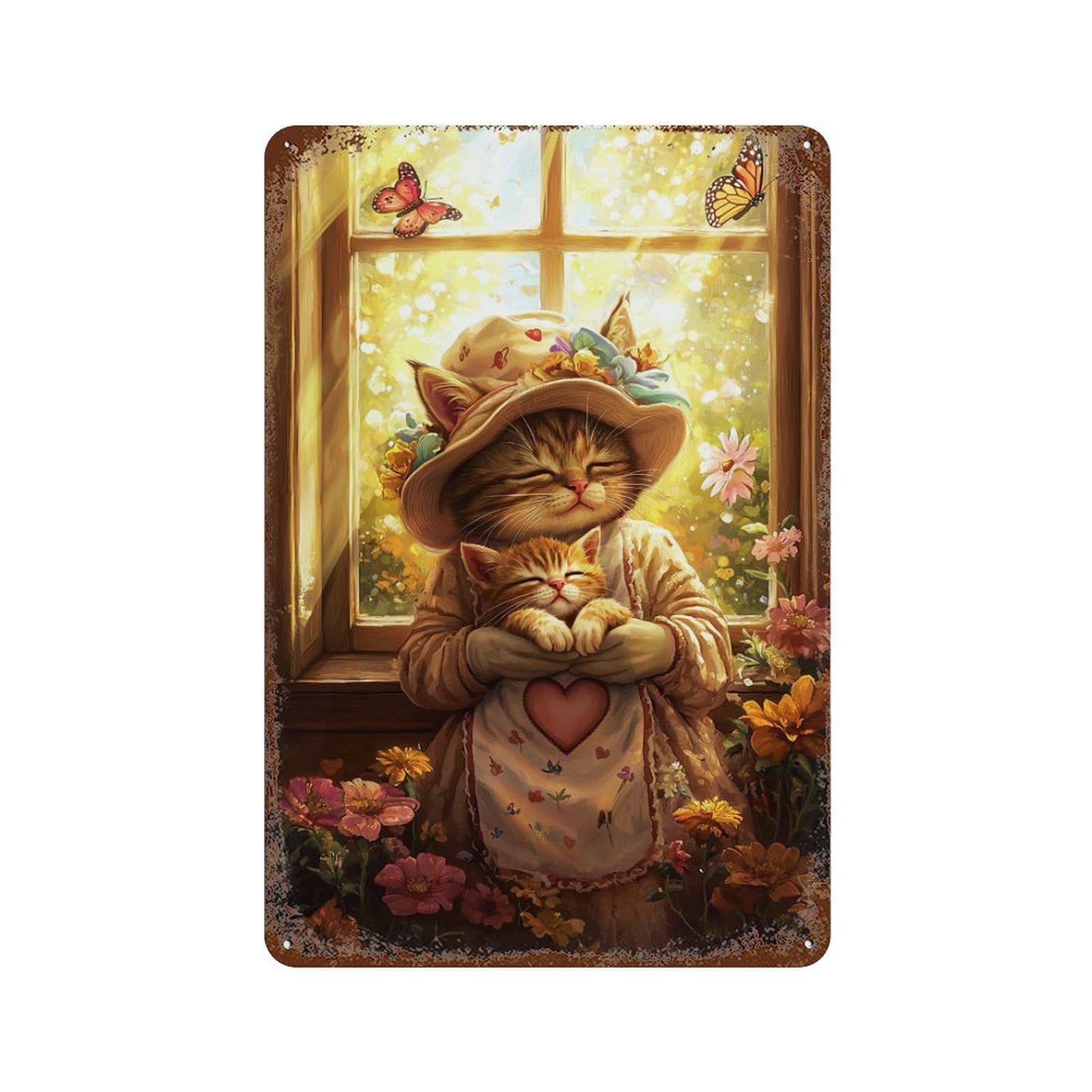 Whimsical Cat Garden Scene Aged Metal Wall Plaque 11.8"x7.9", for Office, Studio And Wall Decor, Novelty Wall Decor