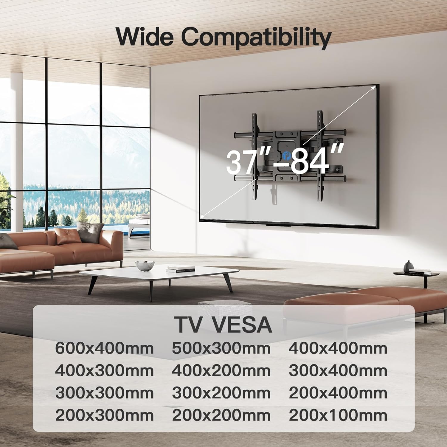 24 Inch Full Motion TV Wall Mount for Most 37 50 55 65 75-84 Inch TVs, Articulating Arms with Swivel Tilt Rotation Flat Curved, Extension to Wood Stud up to 132lbs Max VESA 600x400mm by Pipishell