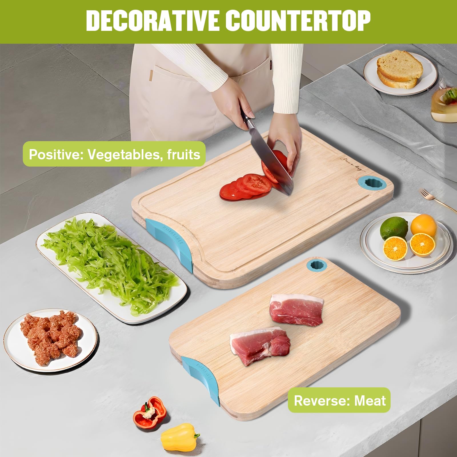 Tablas de cortar de madera para cocina, tabla de cortar de bambú de doble cara con ranura para jugo y soporte giratorio, tabla de cortar duradera y fácil de limpiar, regalo ideal para utensilios de
